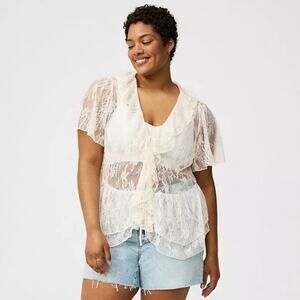 Torrid Size 1 Ivory Lace Ruffle Blouse Sheer Tie Front Peplum Top NWT